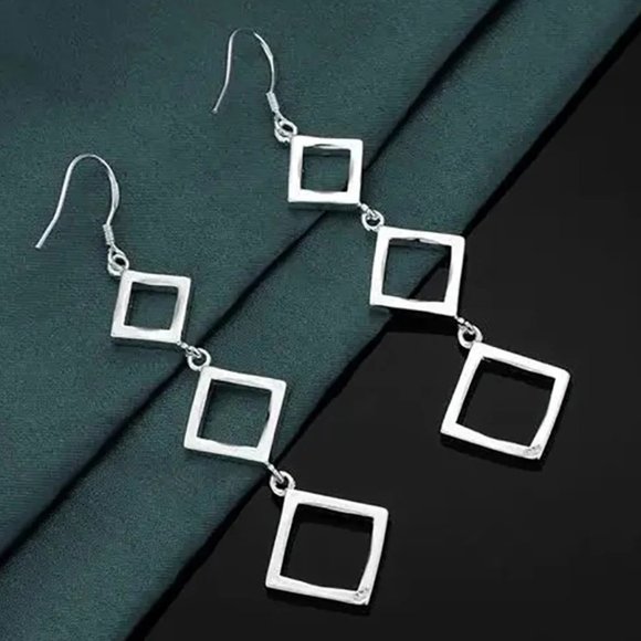 Fine Silver Jewelry - Gorgeous Hypoallergenic Hanging Squares 925 Sterling Silver 3 Inch Long Earrings